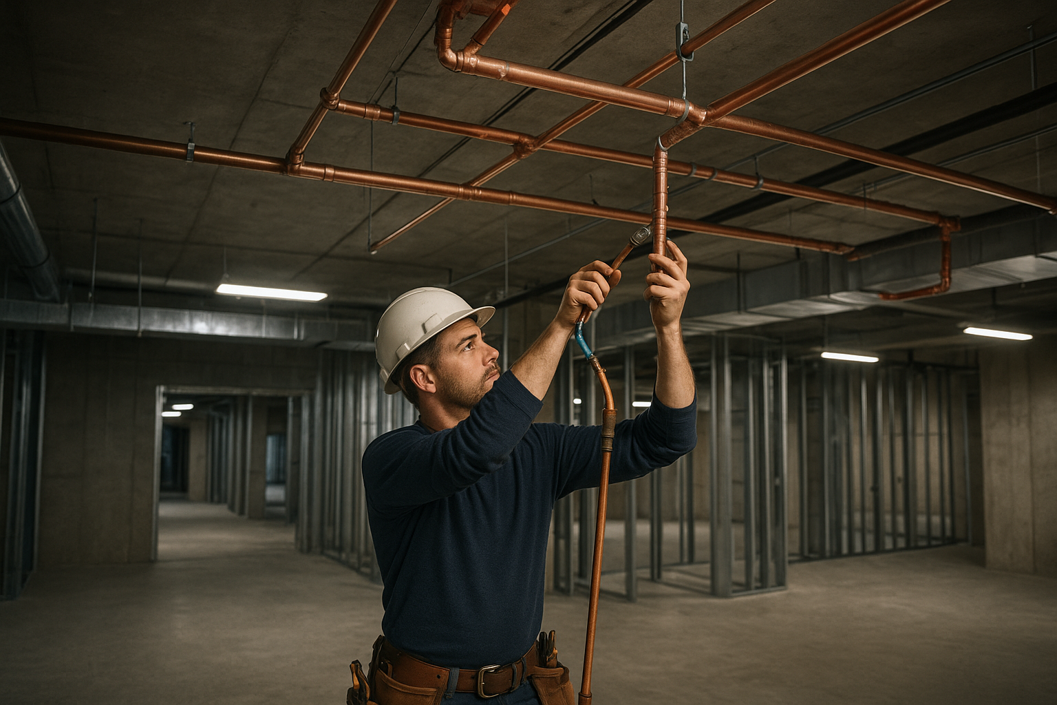 B2f875d8_commercial-new-construction-plumbing-install Plumber connecting copper piping in a new commercial construction plumbing installation