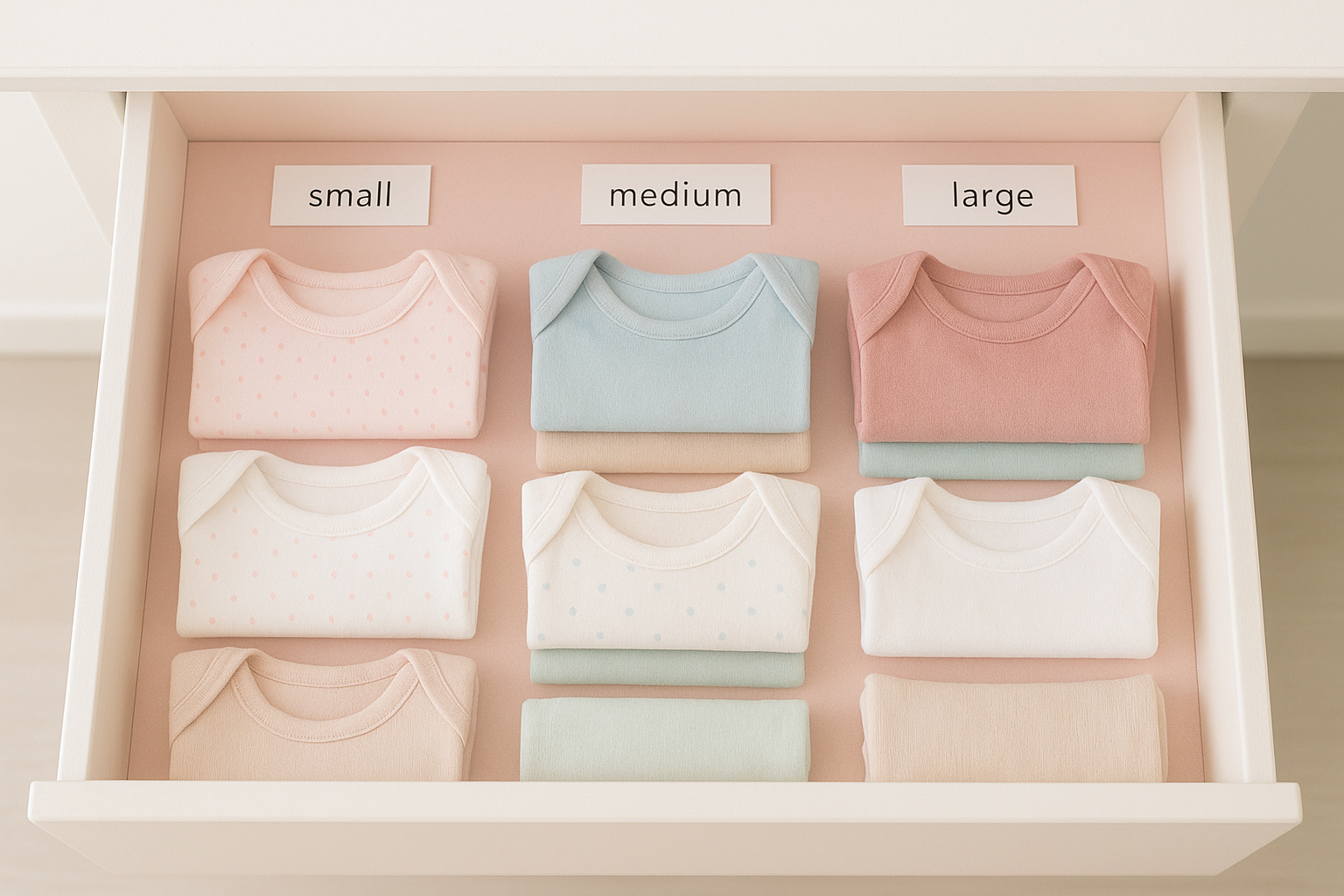 Organized children's wardrobe drawer with size-sorted clothing from a kids subscription service