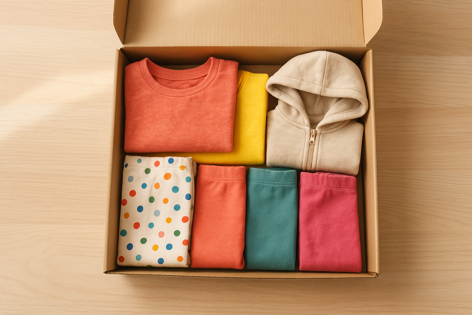 Open box of an affordable children's clothing subscription showing folded colorful kids' outfits
