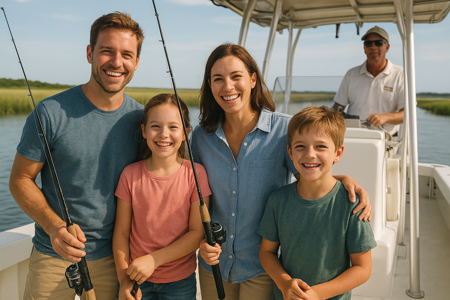 Family enjoying a private charter during Myrtle Beach fishing trips with captain instruction