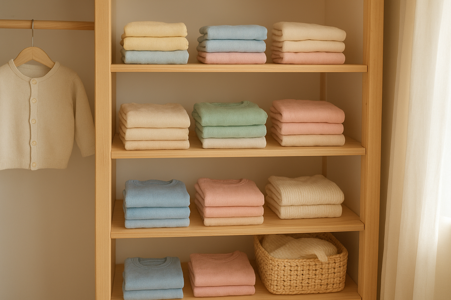 Rotating wardrobe showing flexible outfit rental for kids organized on shelves