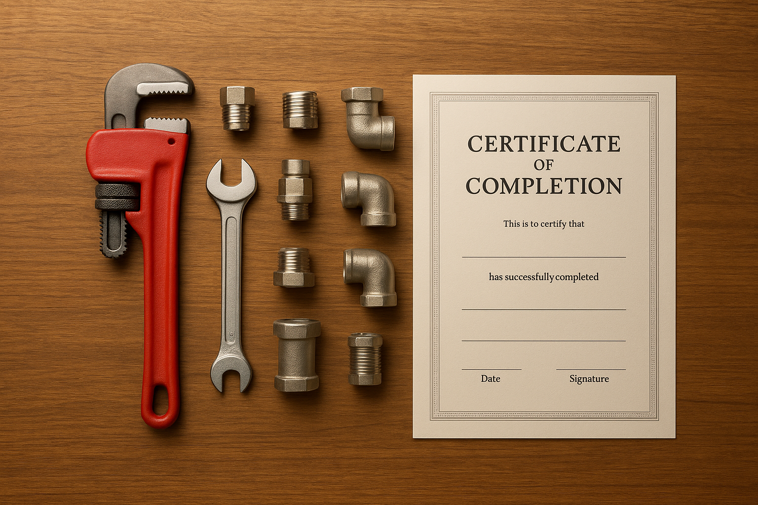 B38d6b7c_plumbing-tools-license-certificate Close-up of plumbing tools and a contractor license certificate on a workbench