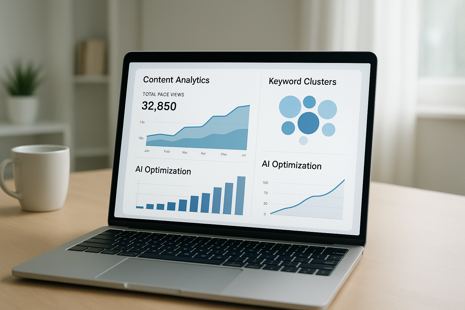 Dashboard showing automated content strategy analytics and keyword performance