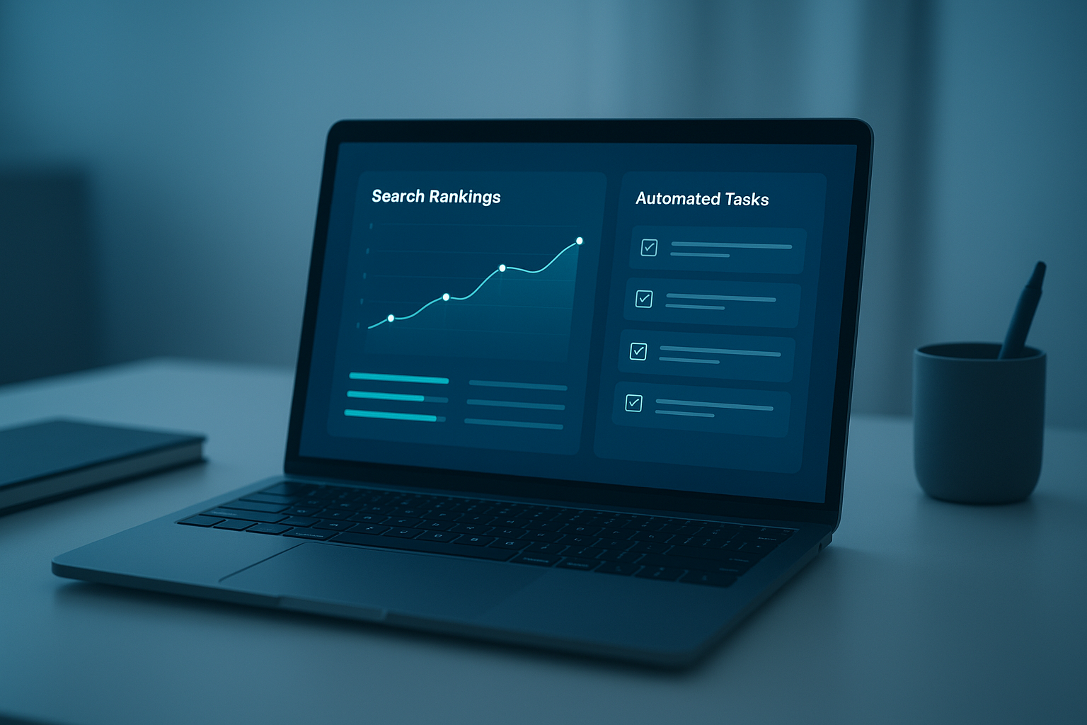 Dashboard showing streamlined SEO strategies with automated ranking and traffic data