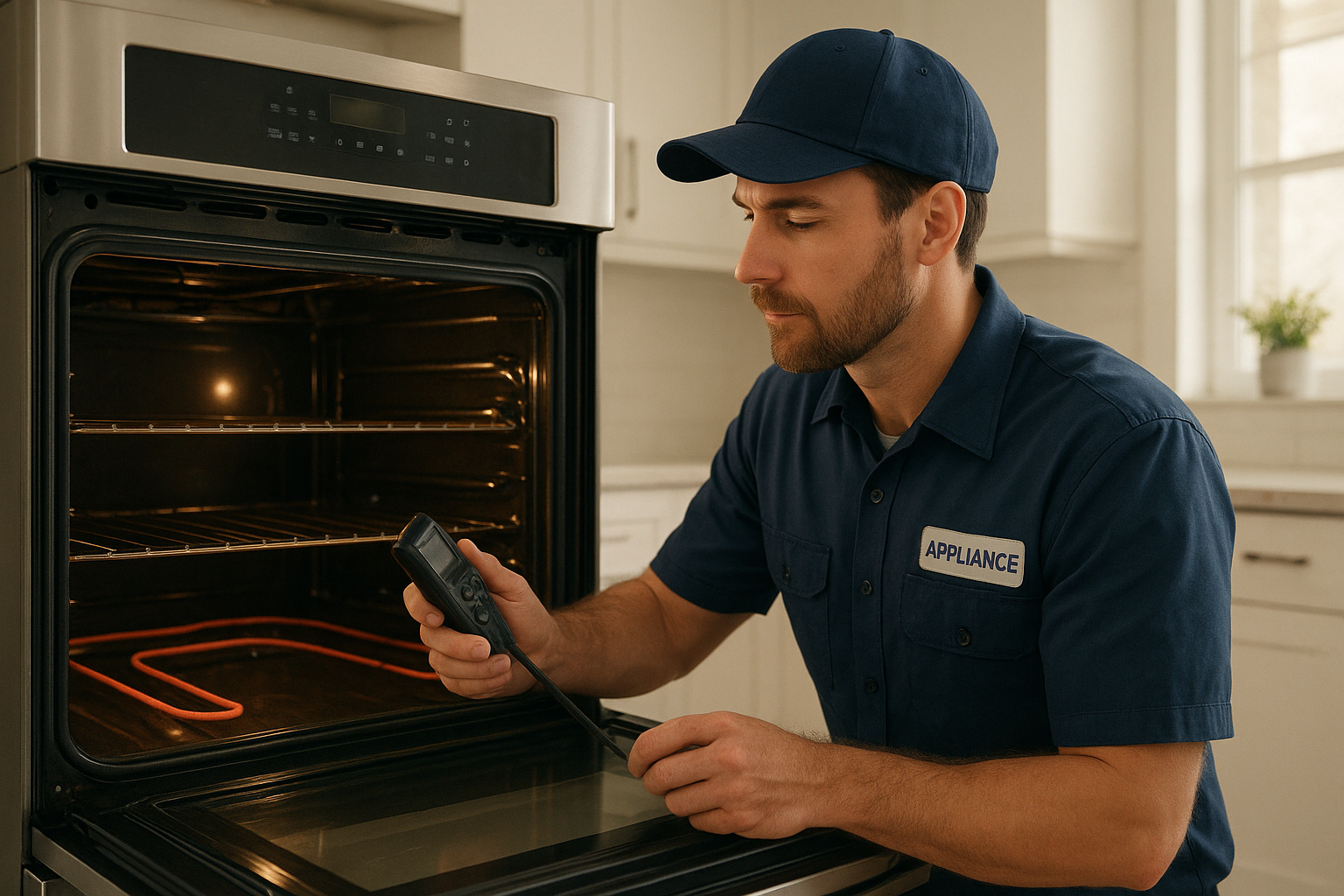 Technician performing an oven repair service inspection inside a home kitchen oven
