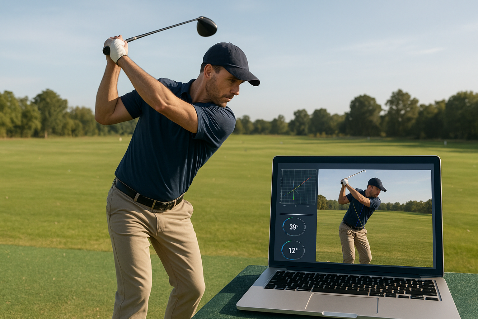 Golfer performing a swing while golf swing diagnostics software analyzes body angles on a laptop