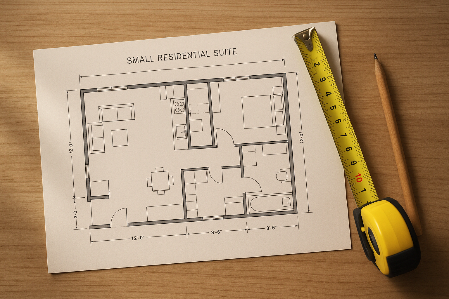 Architectural blueprints for a small residential suite laid on a wooden planning table