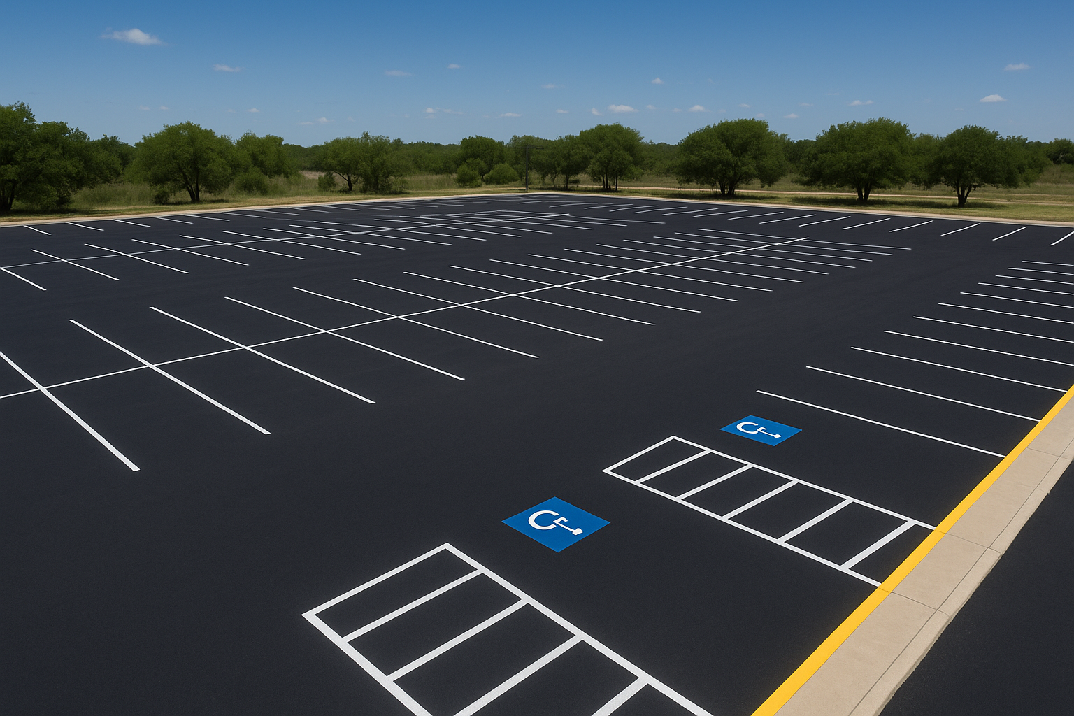 Aerial view of freshly completed parking lot striping in Denton TX showing bright white stall lines, ADA symbols, and yellow fire lane markings