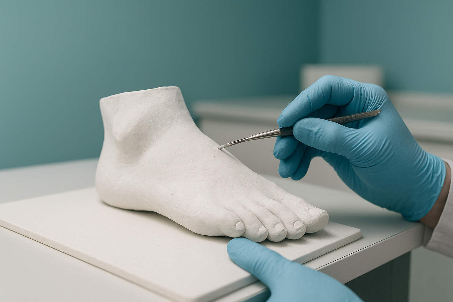 Podiatrist shaping a custom foot mold used to fabricate orthotic insoles