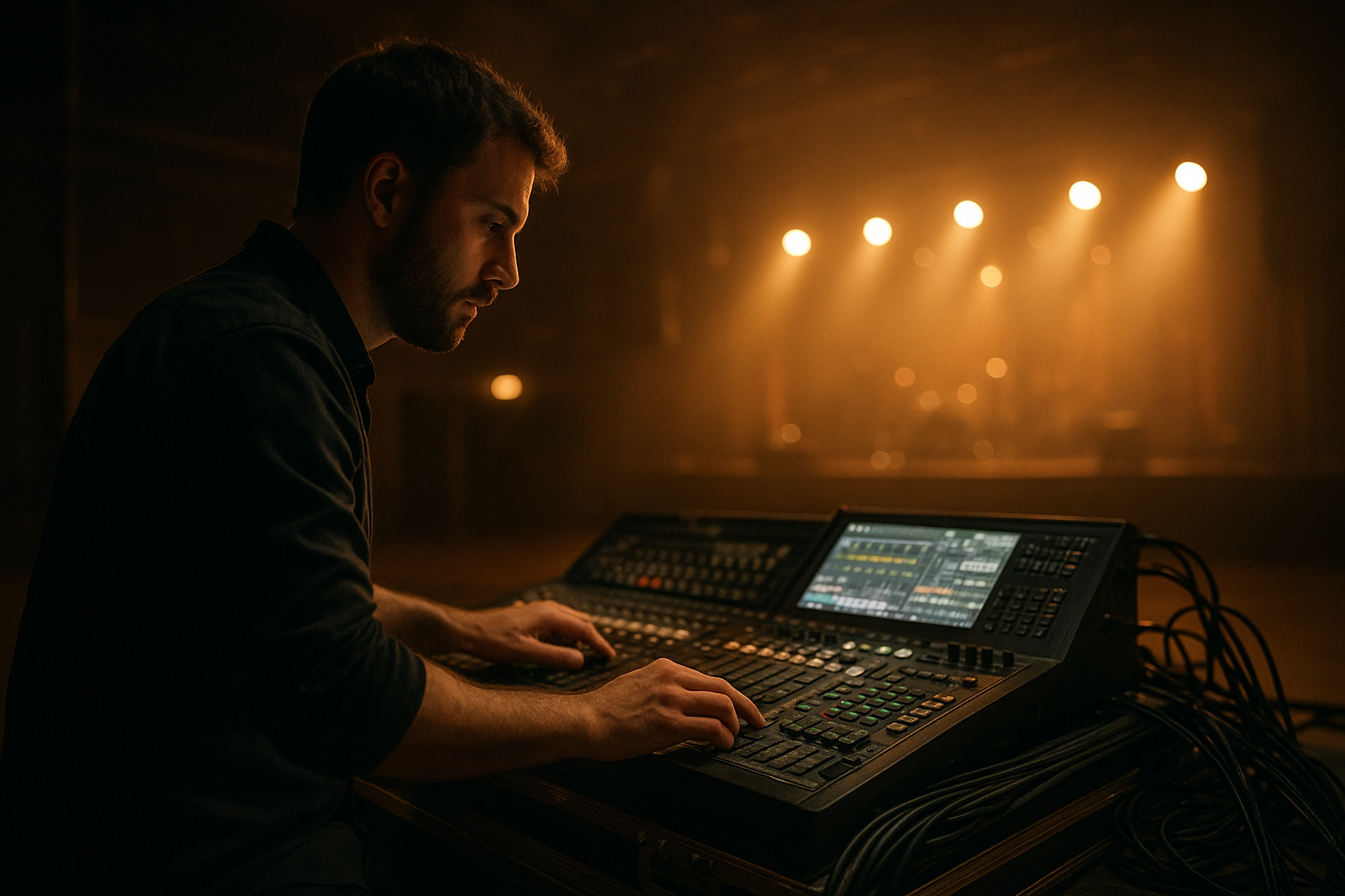 Technician operating sound and lighting controls for an audiovisual production company at a live event