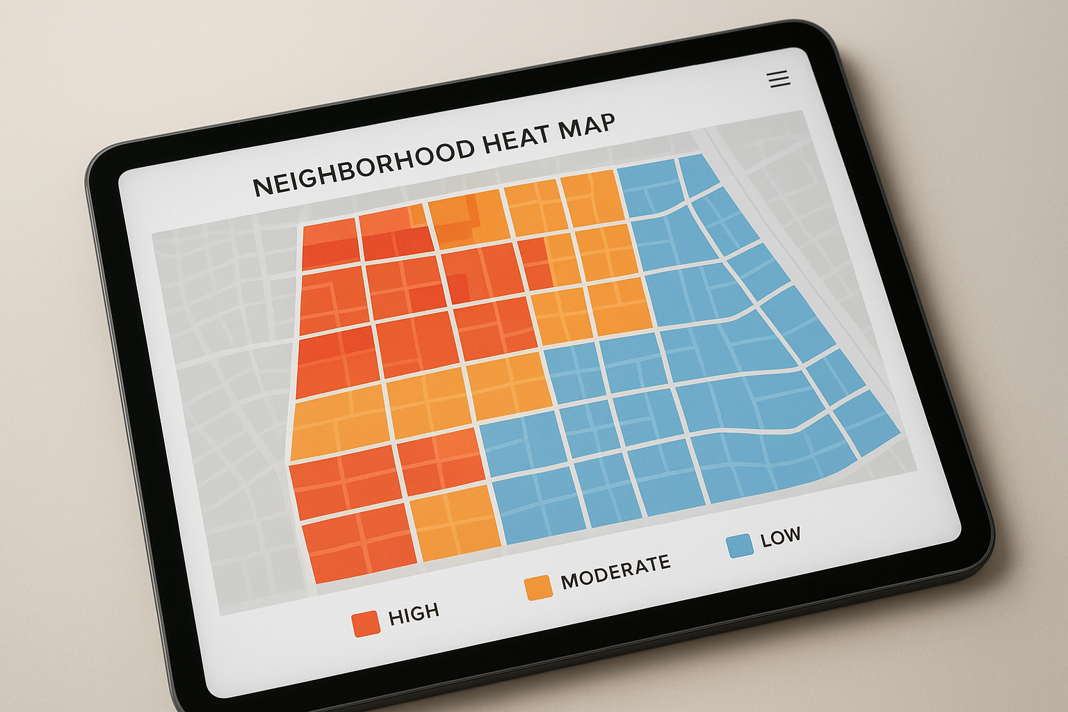 Heat map screen showing hot, warm, and cold seller signal scores across a neighborhood