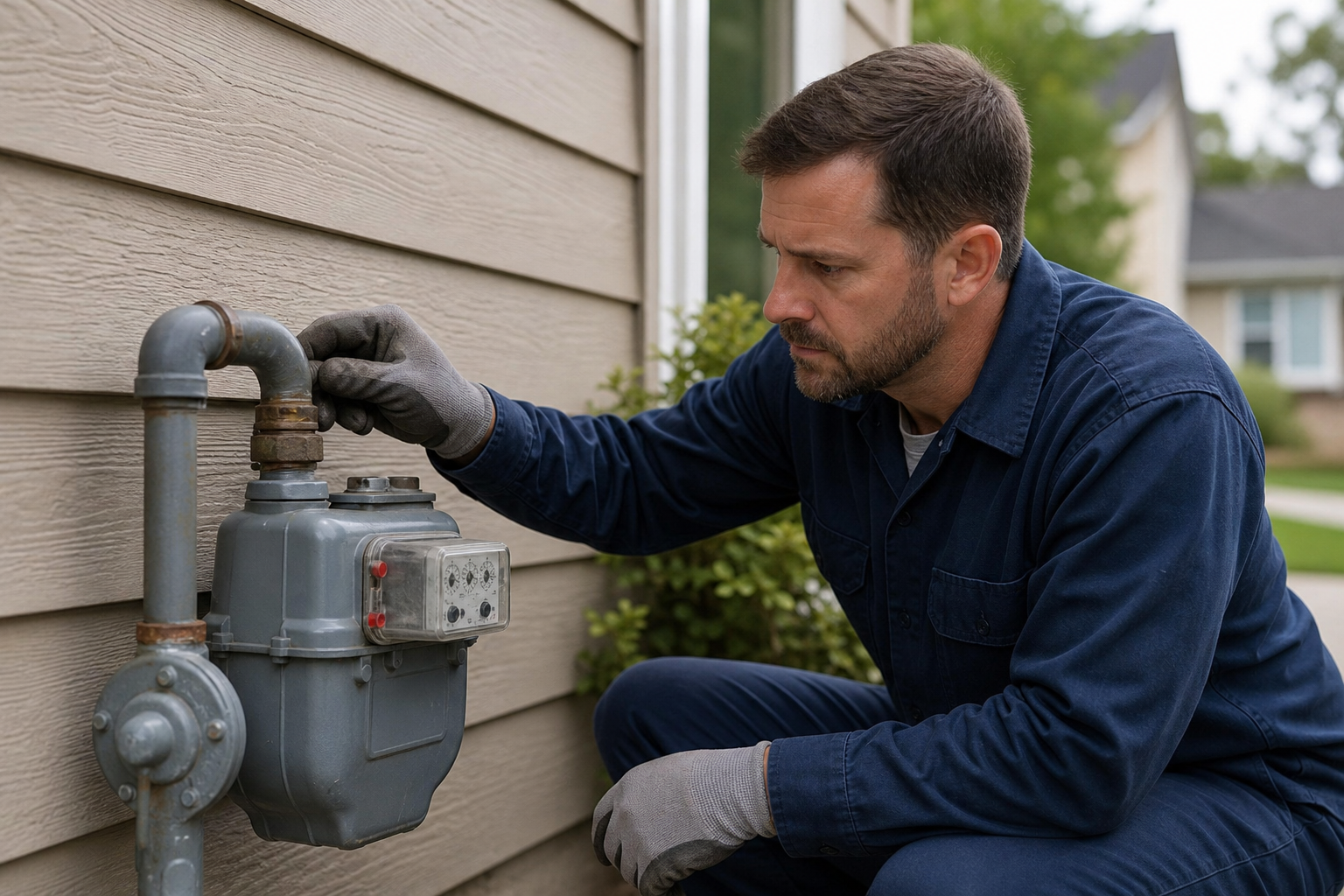 Technician performing natural gas plumbing services Terrell homeowners request for a gas meter inspection