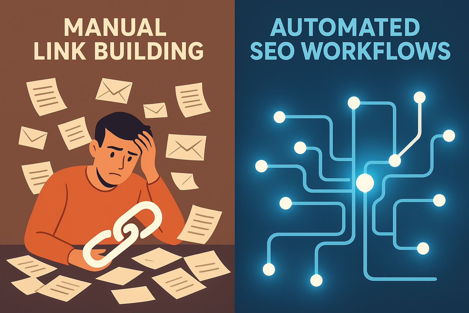 Comparison of manual link building versus automated off-page SEO workflows showing efficiency gains