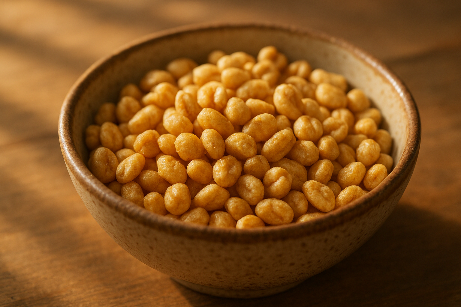 Bowl of golden puffed whole grain non UPF cereal in natural morning light
