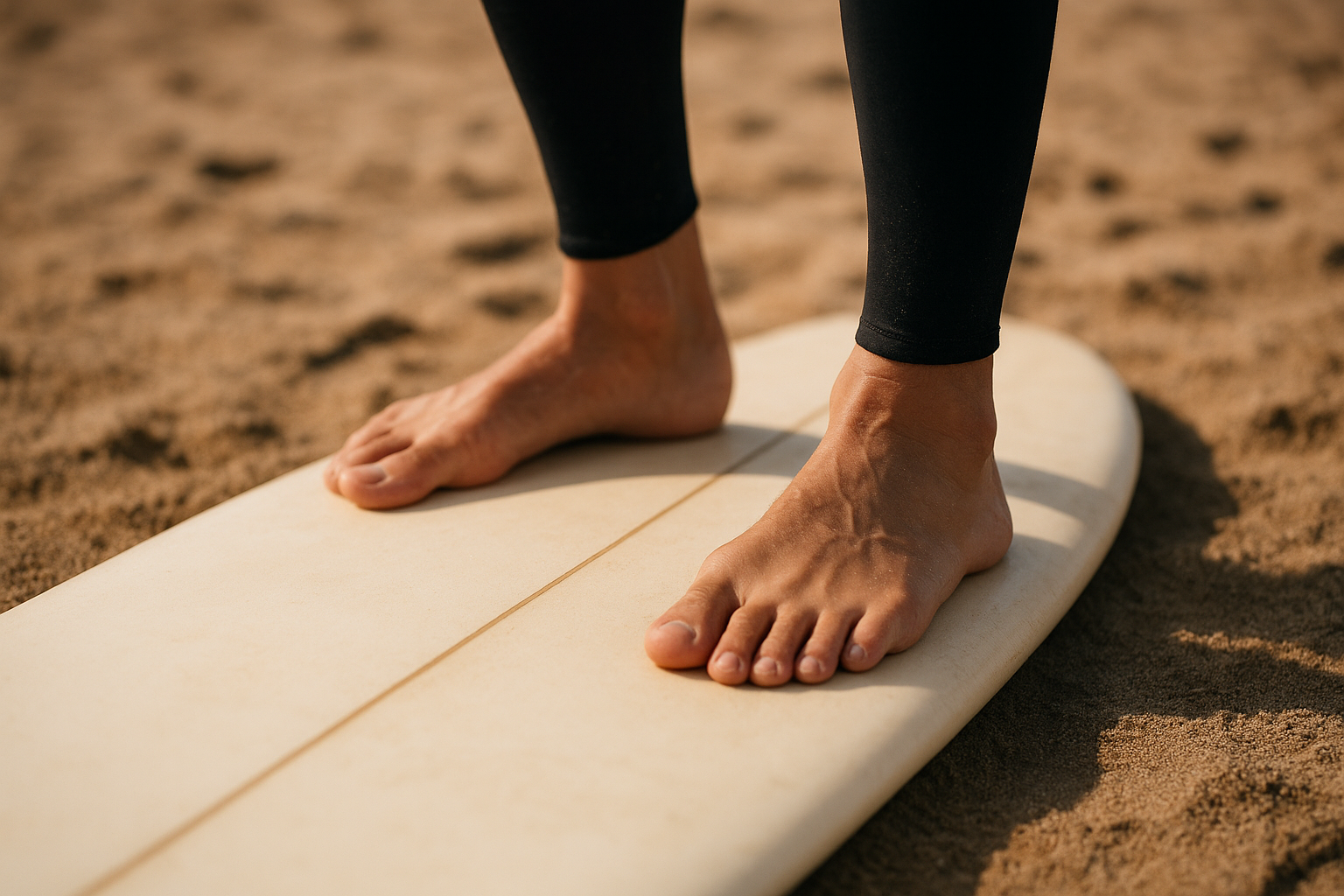 Beginner surfer practicing the pop-up stance on a surfboard on dry land as part of learning surfing terms and technique