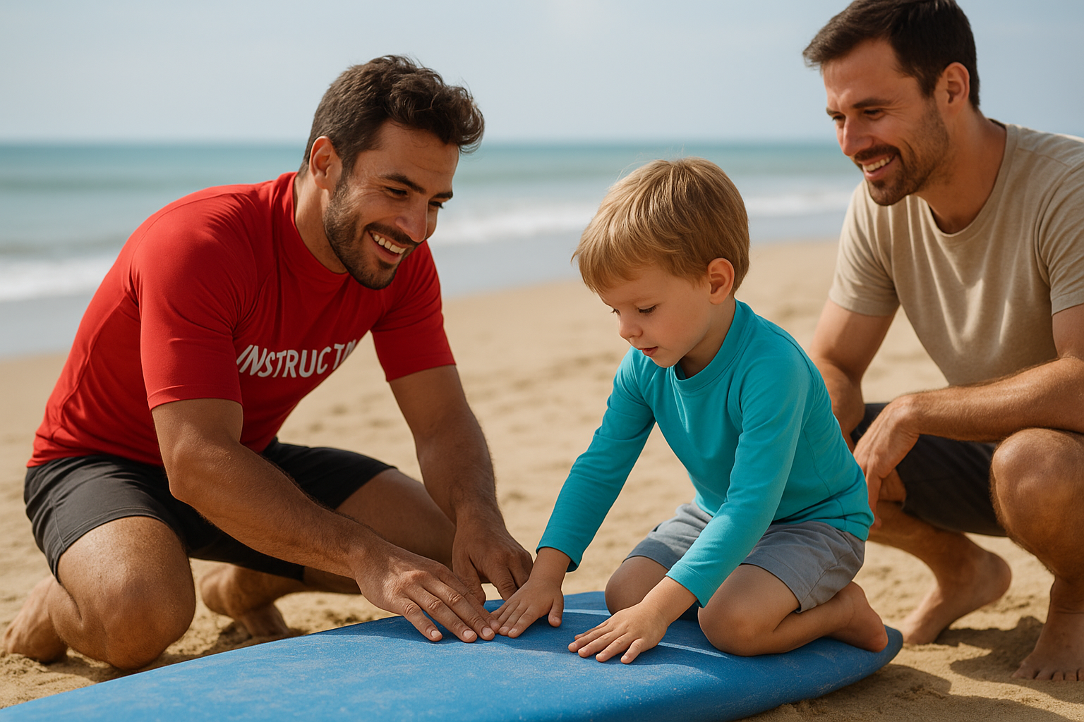 Surf instructor teaching a child during a family surf lesson on the beach