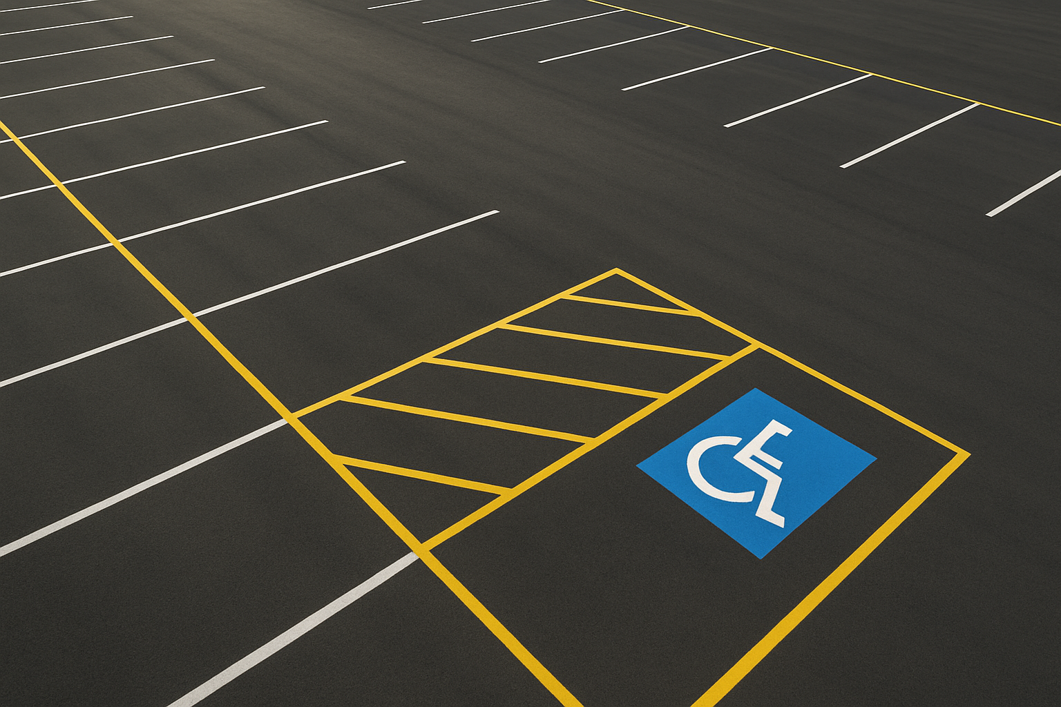 Aerial view of professional parking lot striping with ADA accessible parking symbol