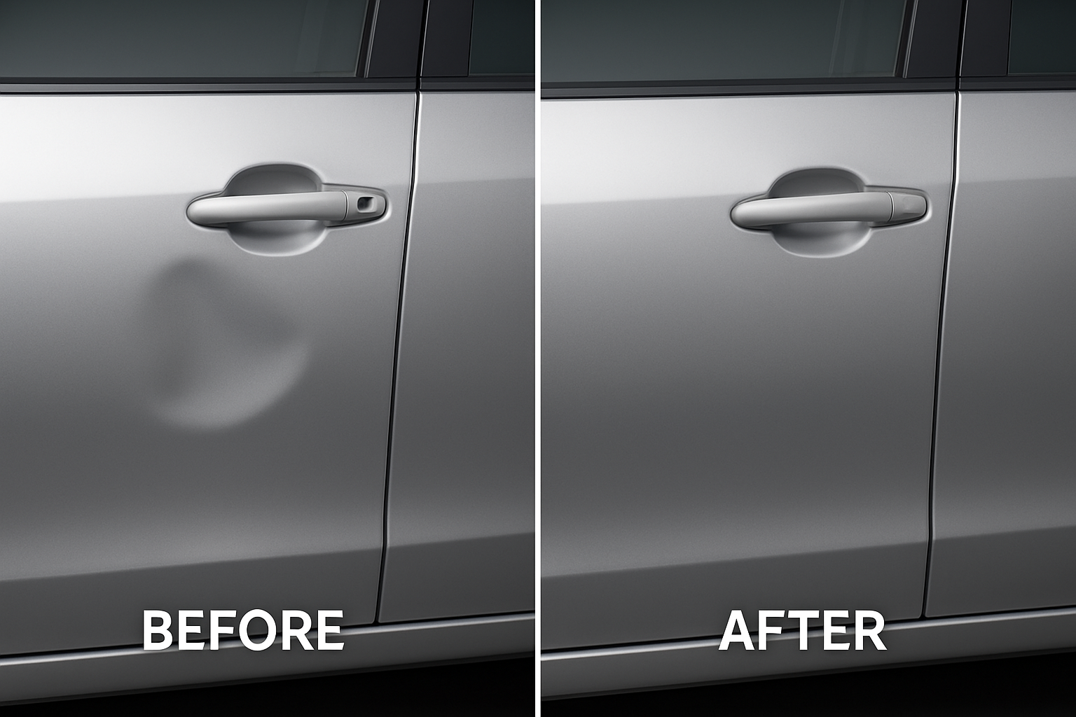Before and after comparison of a car door panel showing successful dent repair results