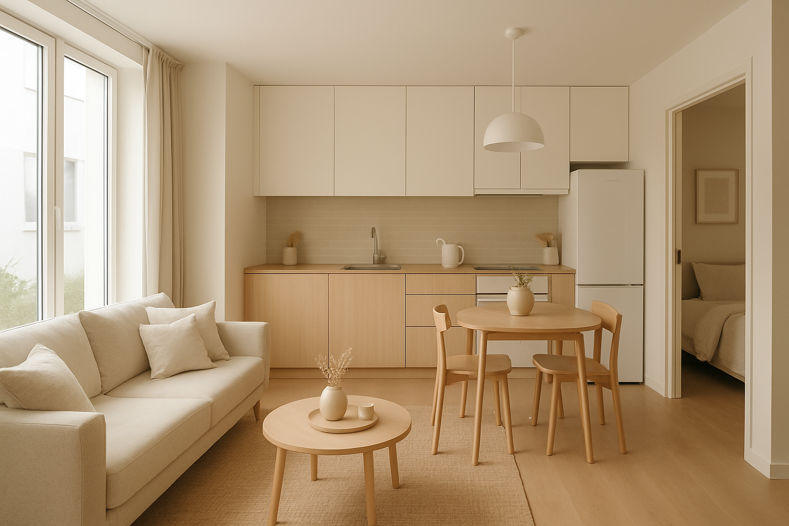 Modern interior of a finished two-bedroom ADU with open kitchen and living space