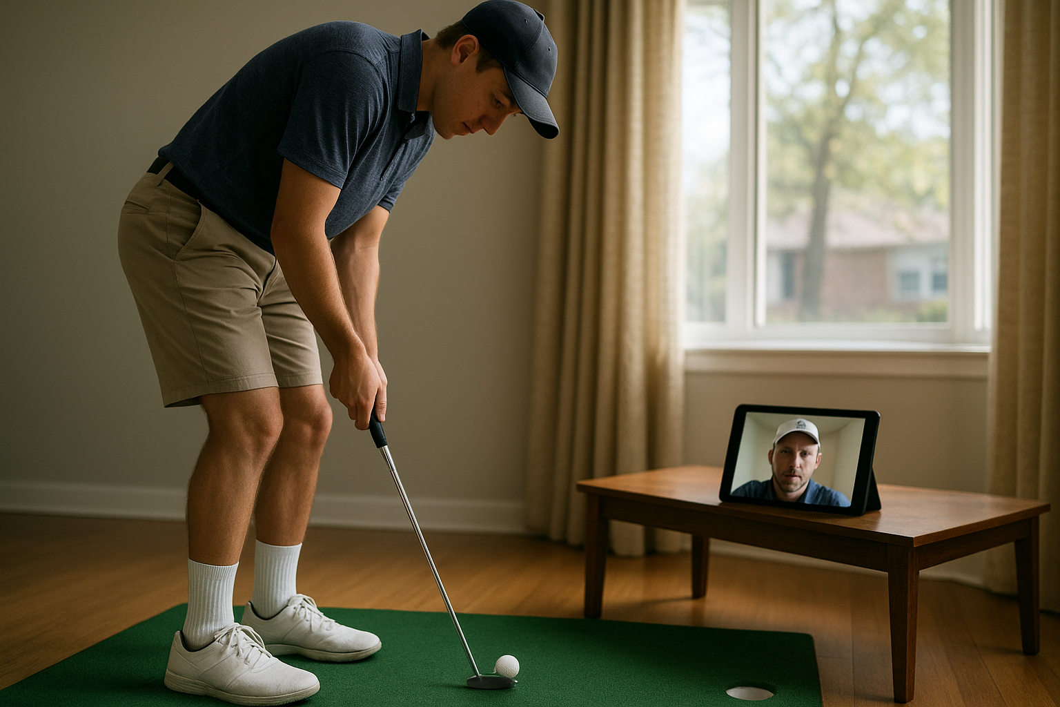 Competitive golfer training remotely with coach feedback on a tablet