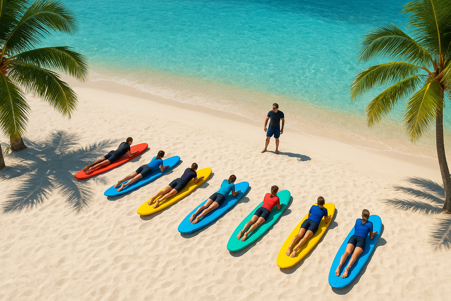 Group surf lesson on Waikiki Beach with students practicing pop-up technique on colorful longboards in the sand