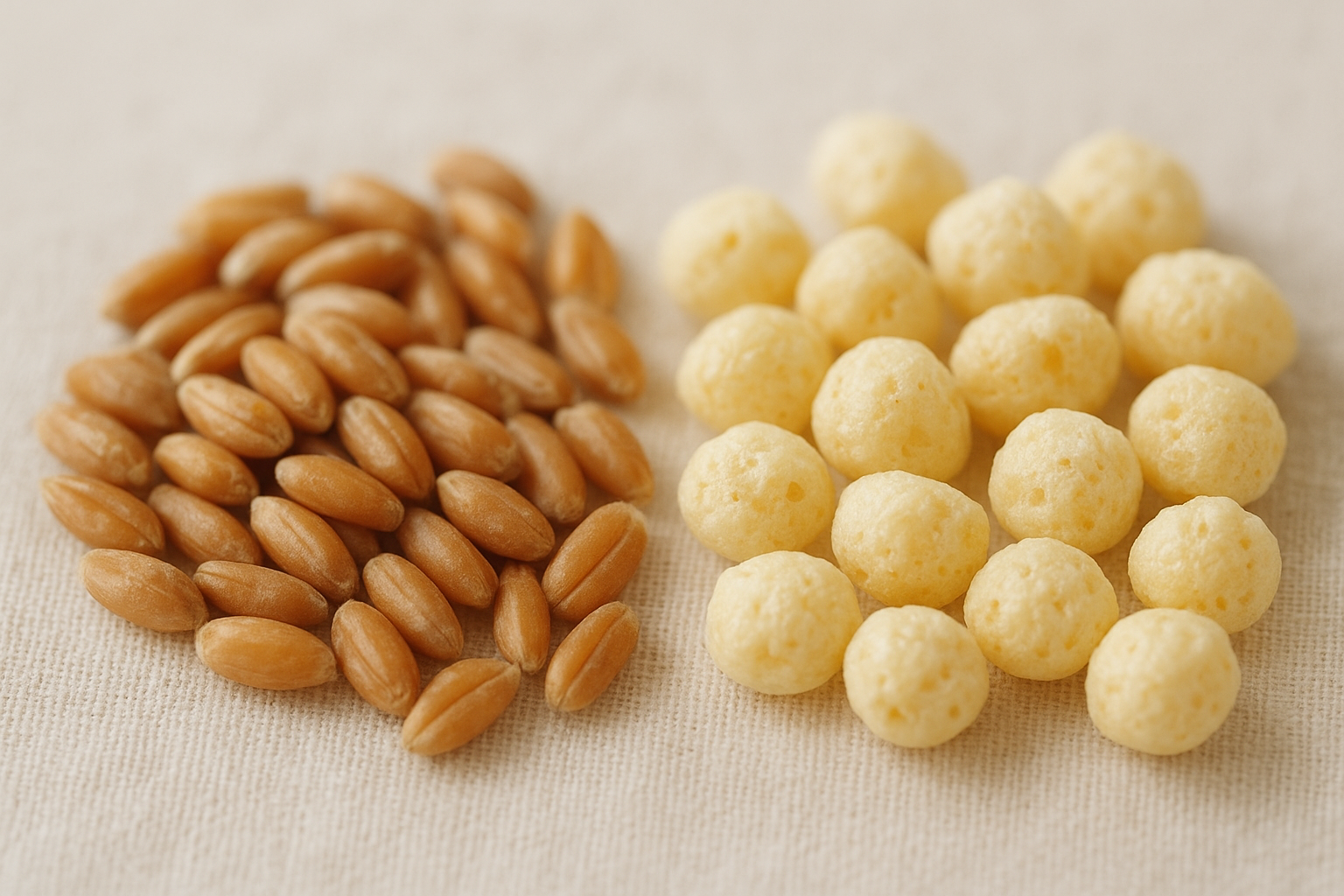 Close-up of organic Khorasan wheat grains next to gently puffed corn cereal pieces