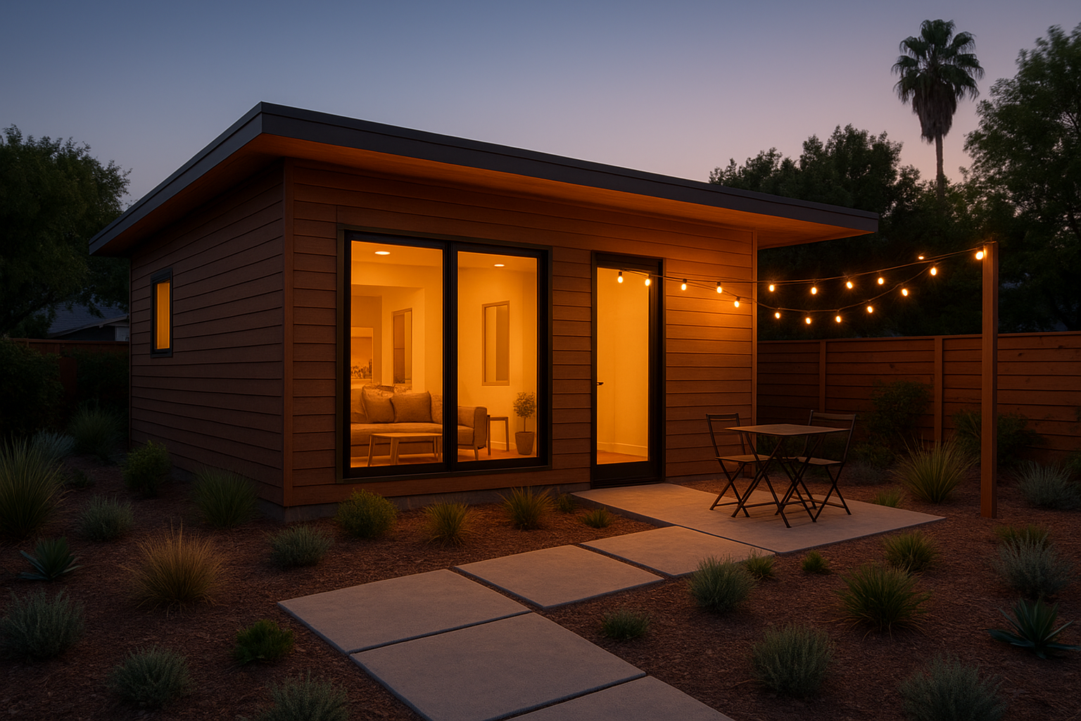 Detached ADU exterior with private patio and modern siding showing outdoor customization options for accessory dwelling units