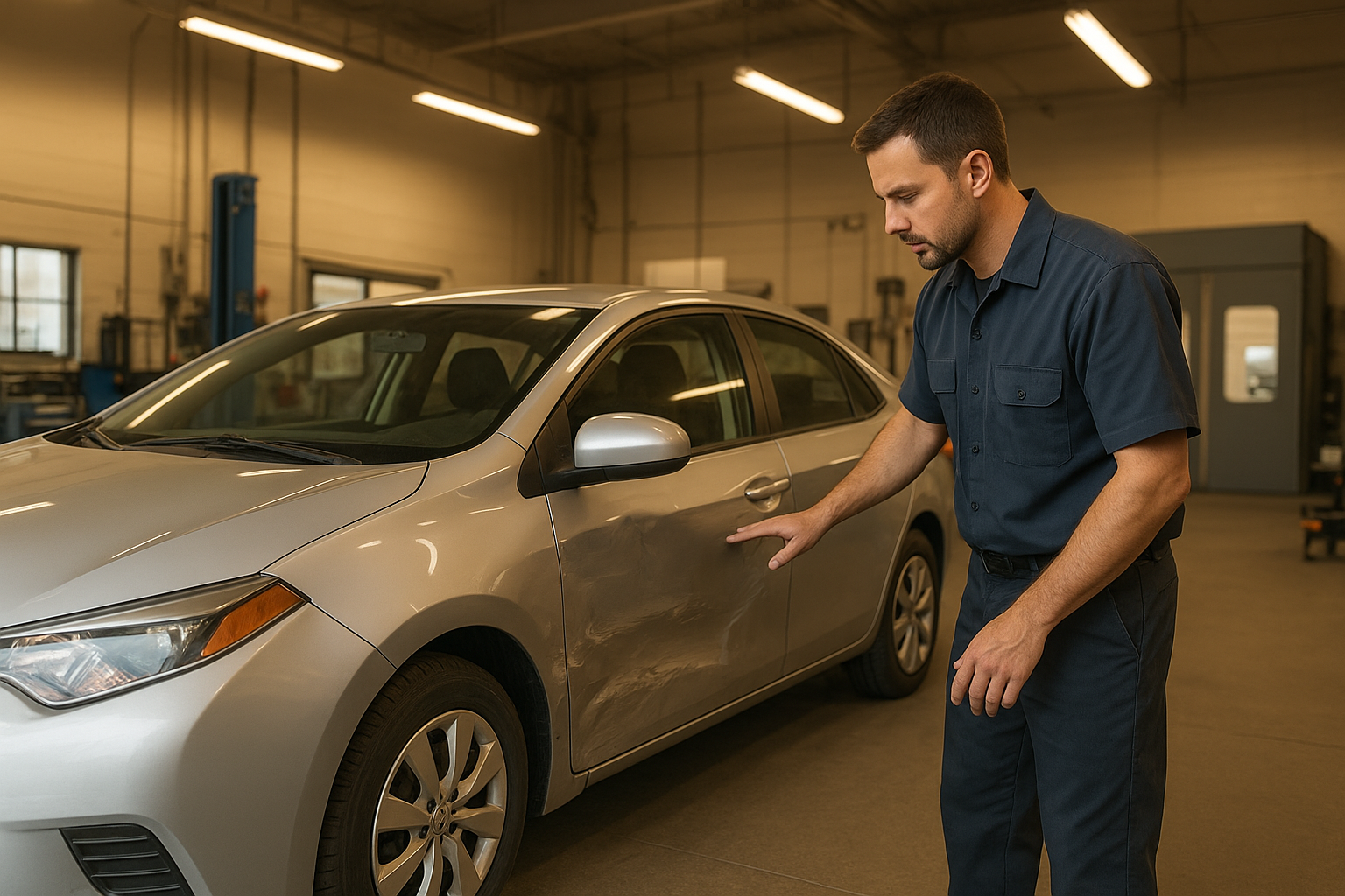 Professional body shop in California technician inspecting collision damage on a silver sedan