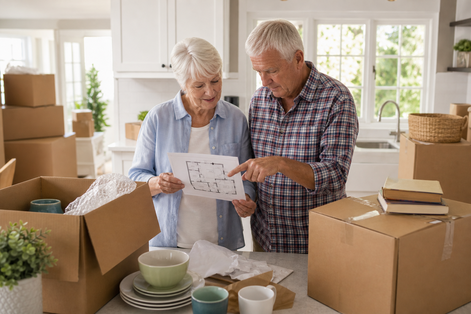 Empty nester couple planning a downsizing move as part of a custom selling strategy