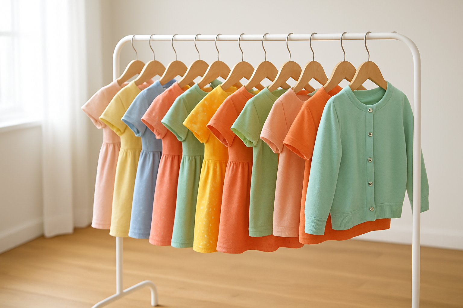 children's wear rental rack with colorful kids' clothing in various sizes