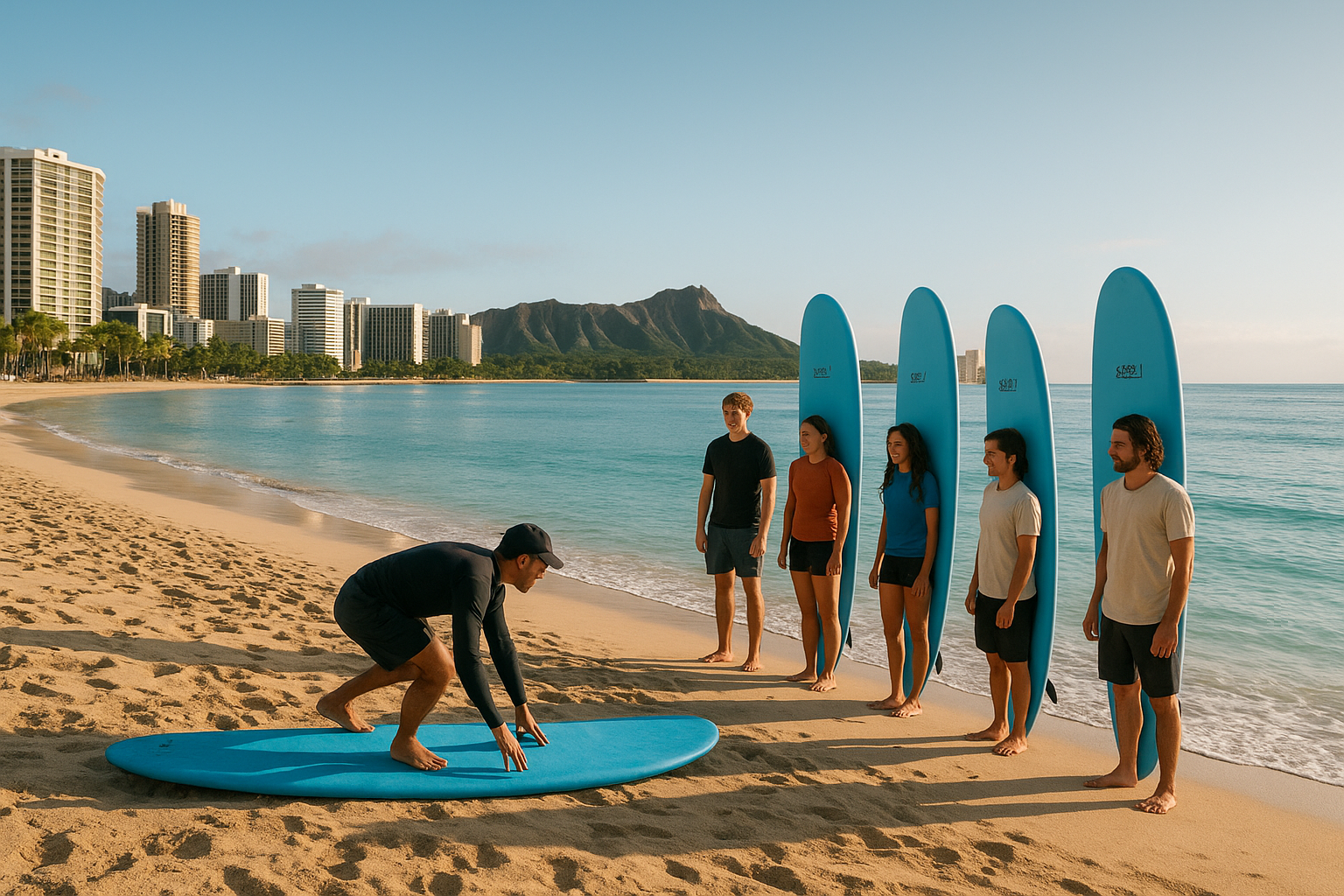 Instructor teaching Waikiki surf lessons with foam boards to a beginner group on the beach