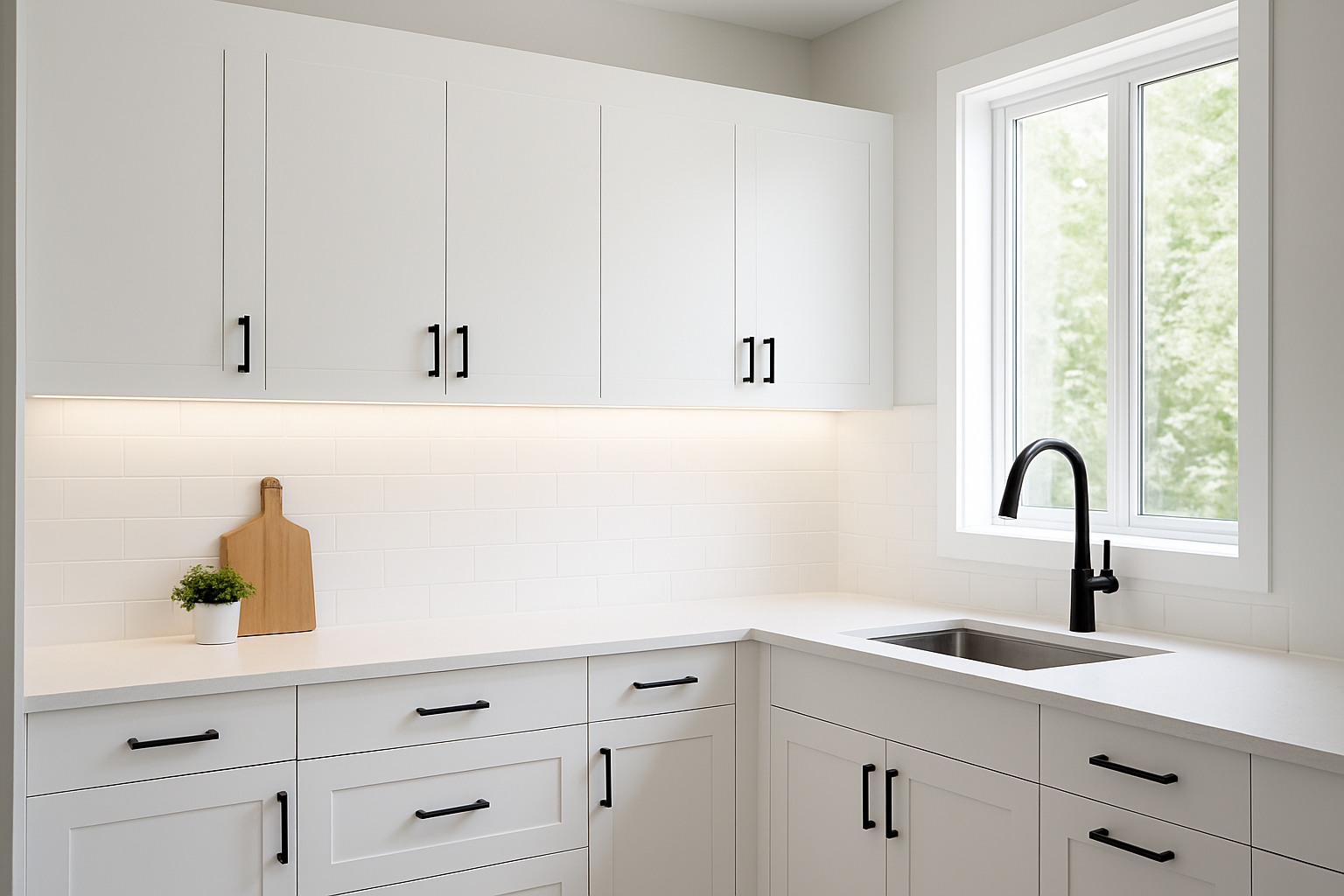 Flat-front white cabinets for modern homes with matte black hardware and quartz countertops
