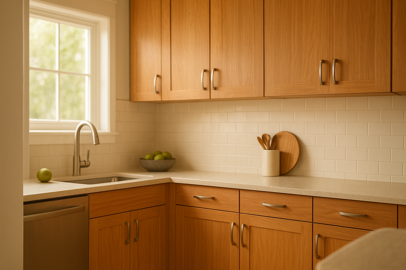 Modern kitchen showcasing quality cabinet refacing with new veneer doors and hardware