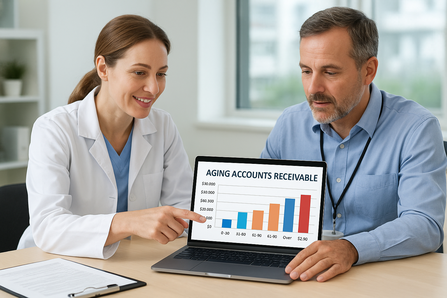 Practice owner and billing manager reviewing aging accounts receivable to reduce claim denials