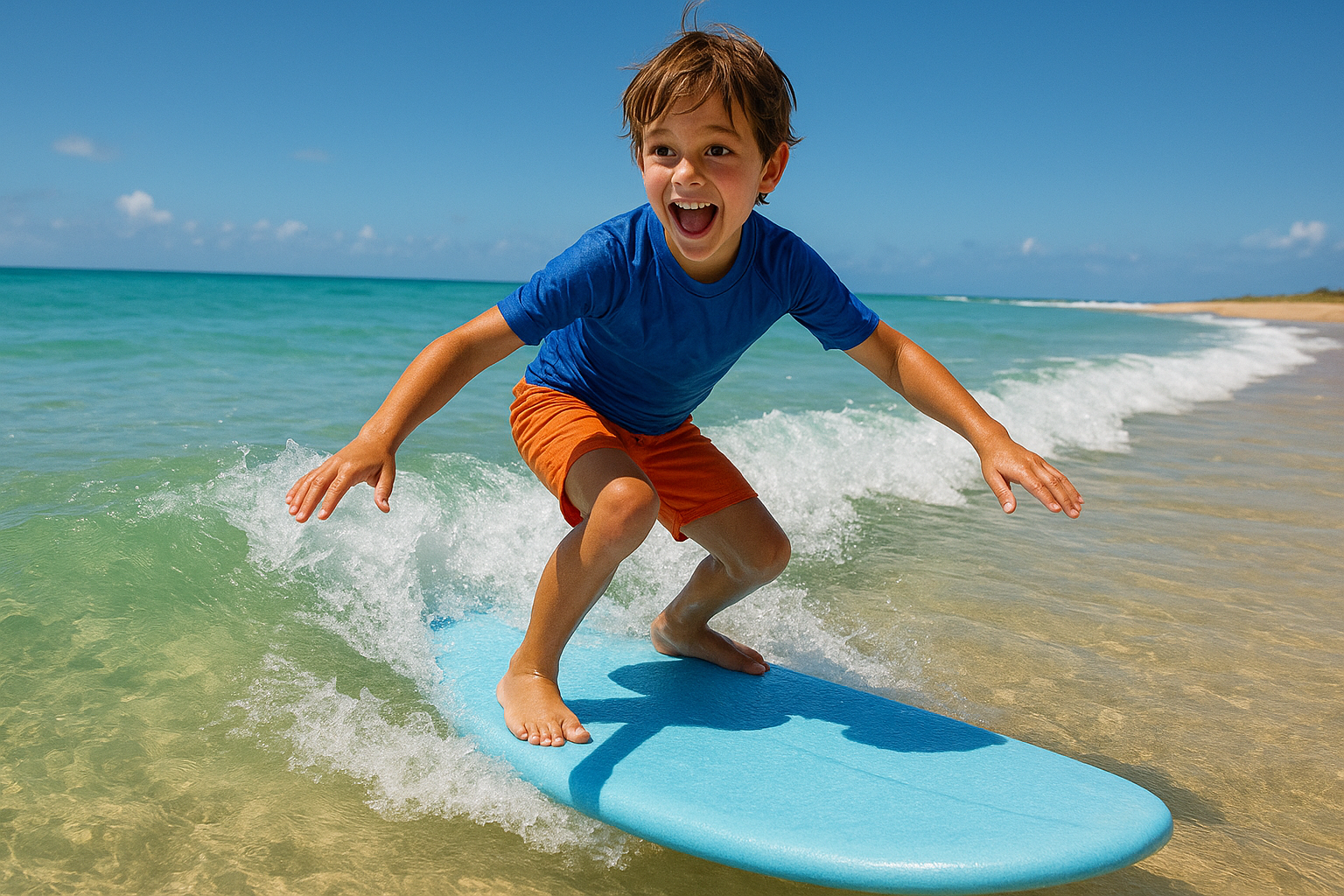 Beginner surfer standing on a foam board and riding a small wave toward the shore during a surf lesson