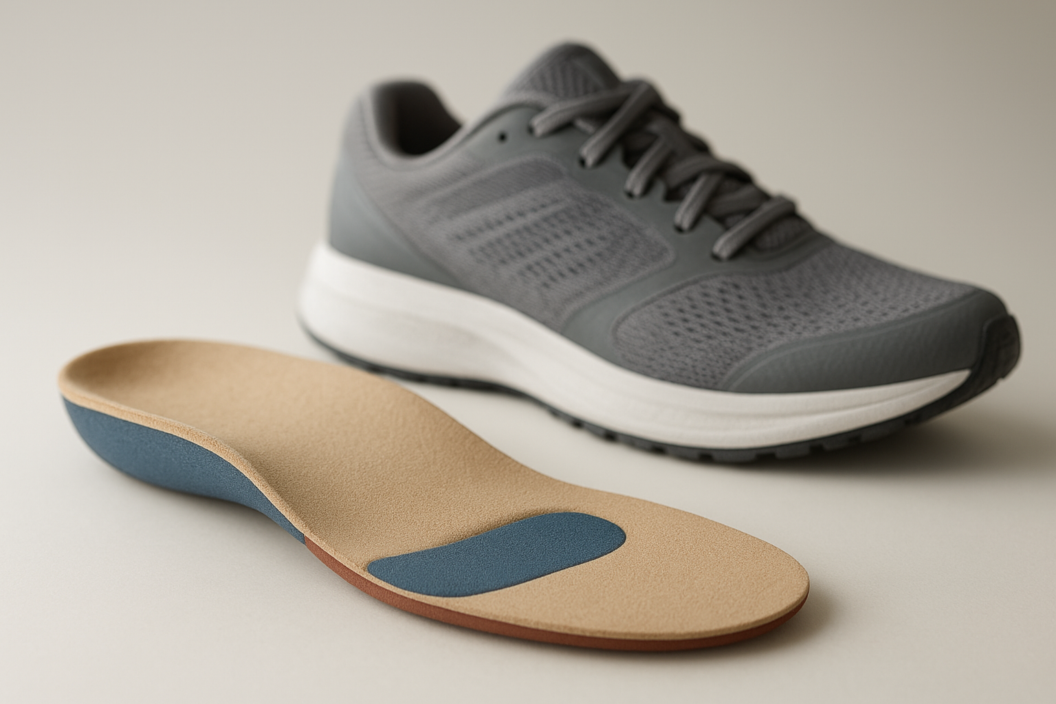 Custom orthotic insert designed as part of orthotic solutions for running placed beside a running shoe