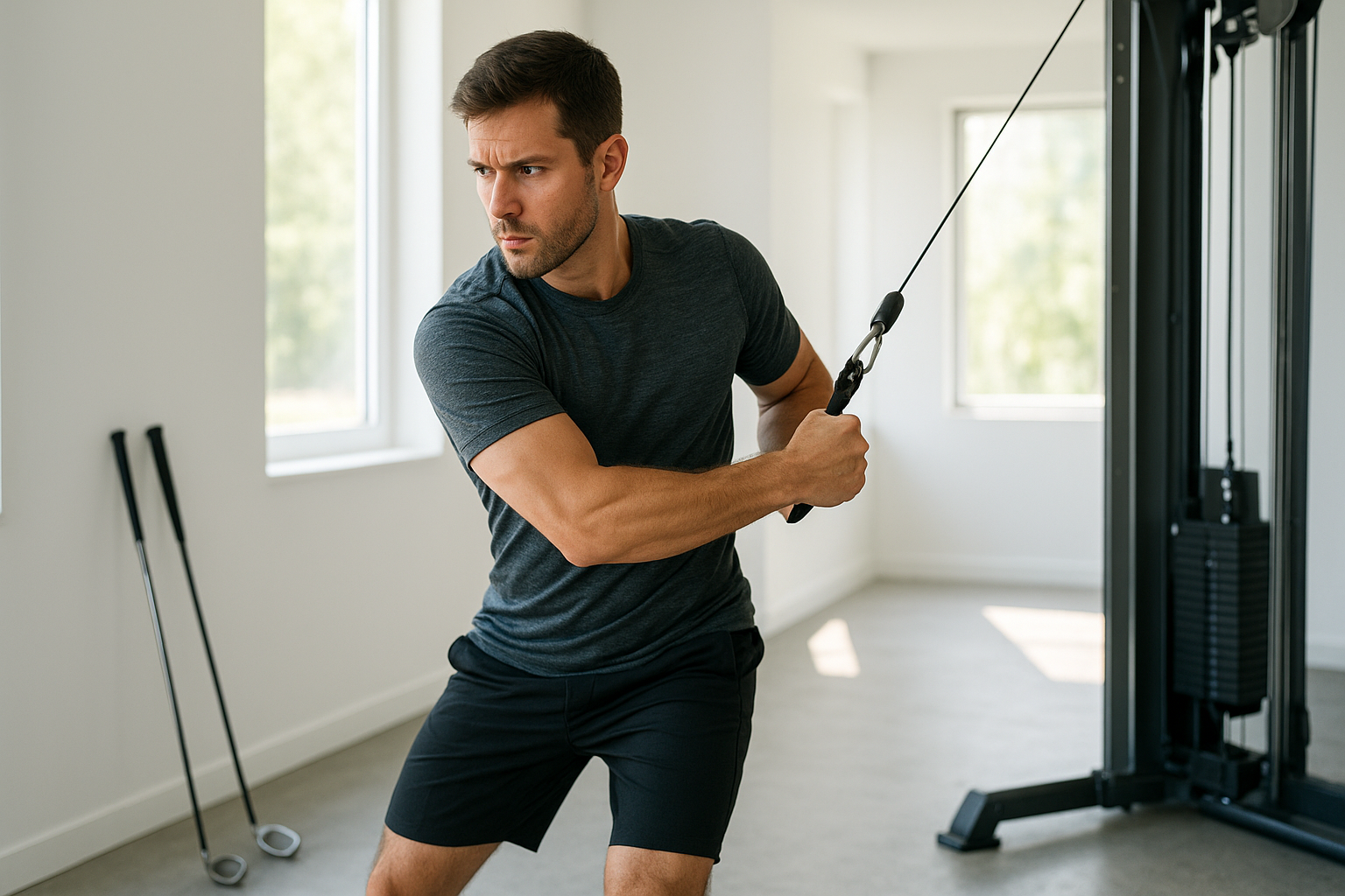 Golfer practicing how to integrate fitness with golf swing training through rotational core work