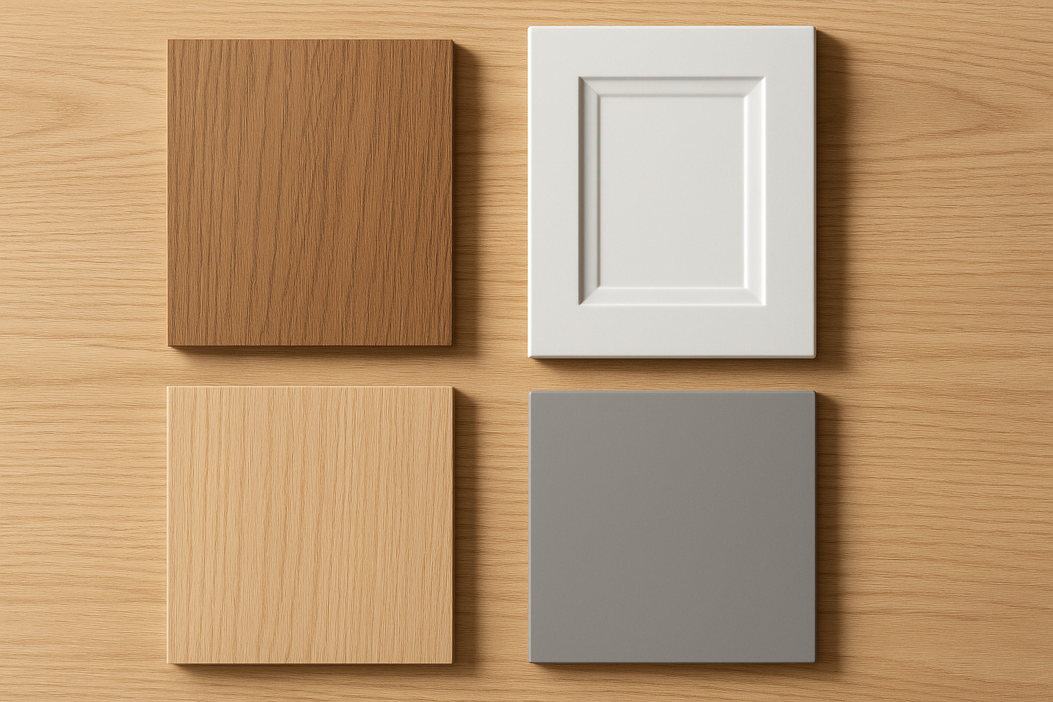 Cabinet refacing material samples including wood veneer, thermofoil, and laminate options