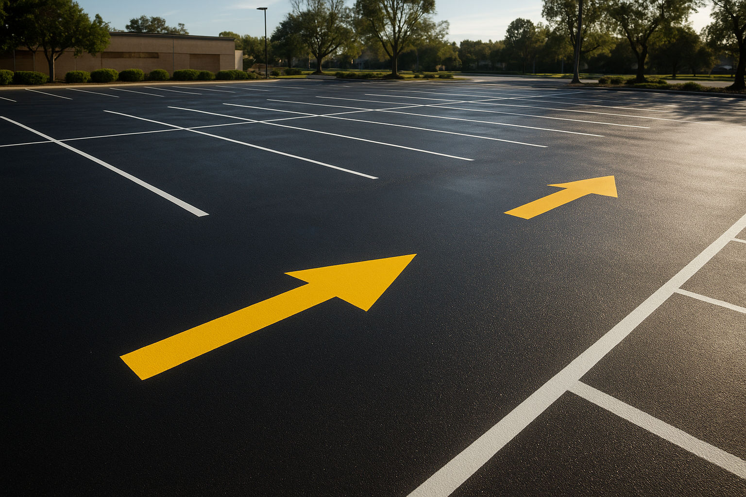 Freshly painted parking lot lines showing professional lot restriping results