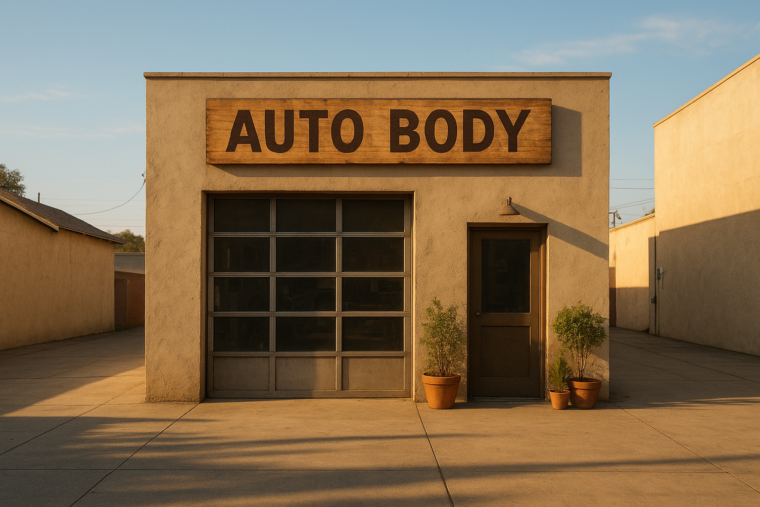 Exterior of a family owned auto body shop on a sunny day with a welcoming storefront