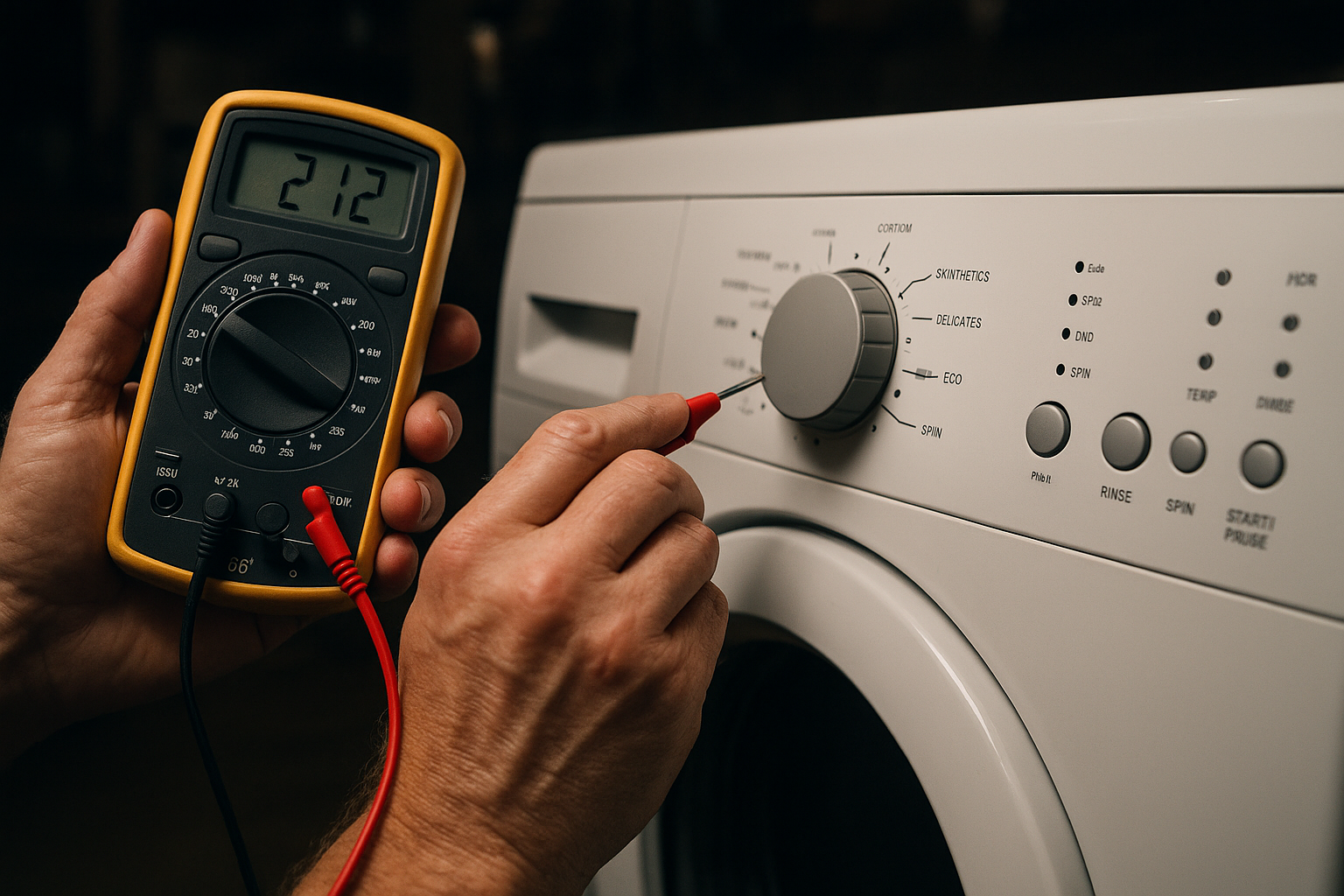 Technician testing a washing machine control panel as part of personalized appliance service