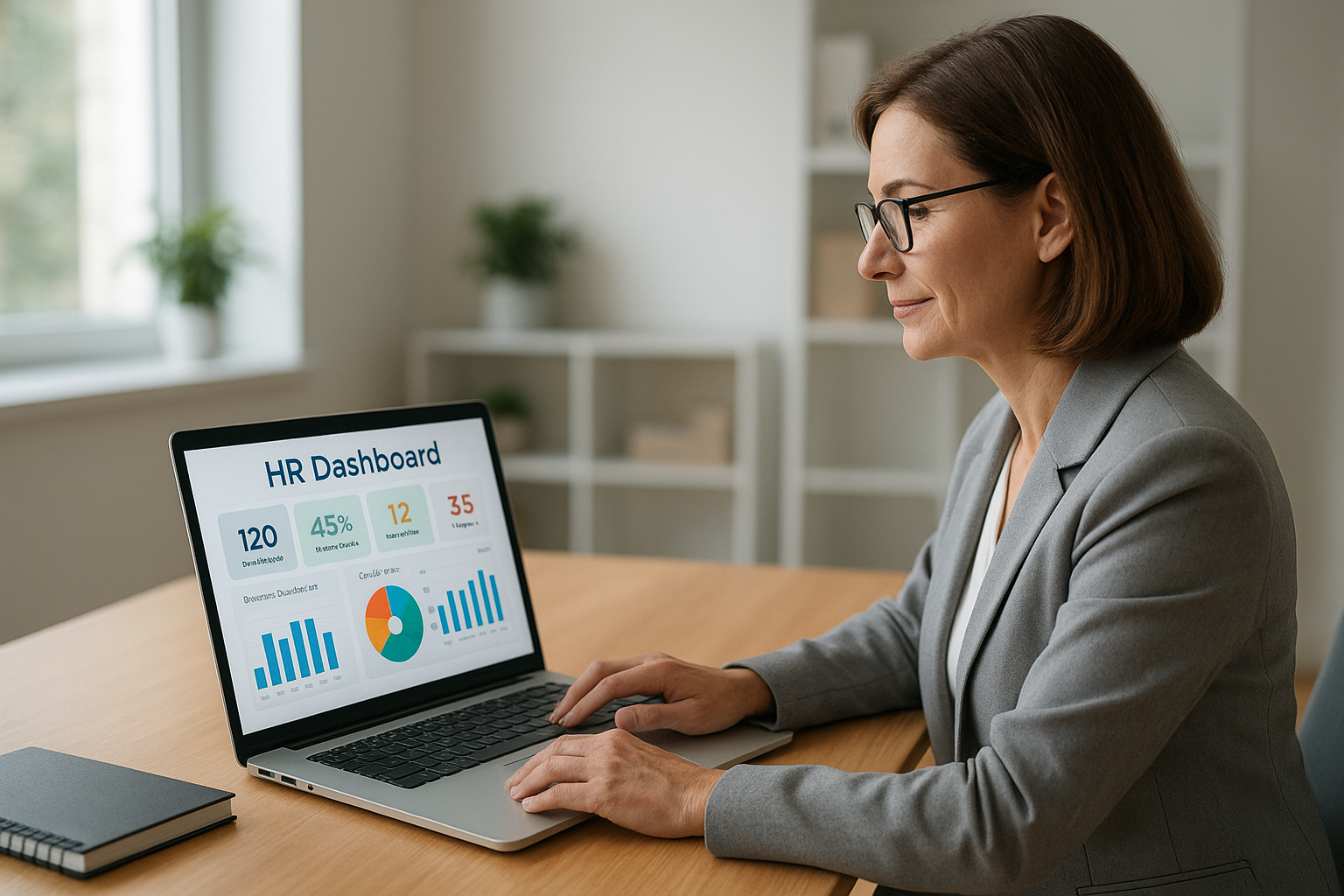 HR manager reviewing a cloud based HRIS system dashboard on a laptop