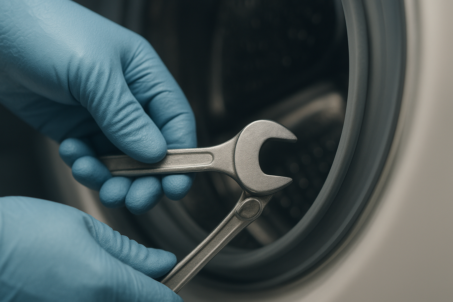 Close-up of hands repairing internal parts of a washing machine drum