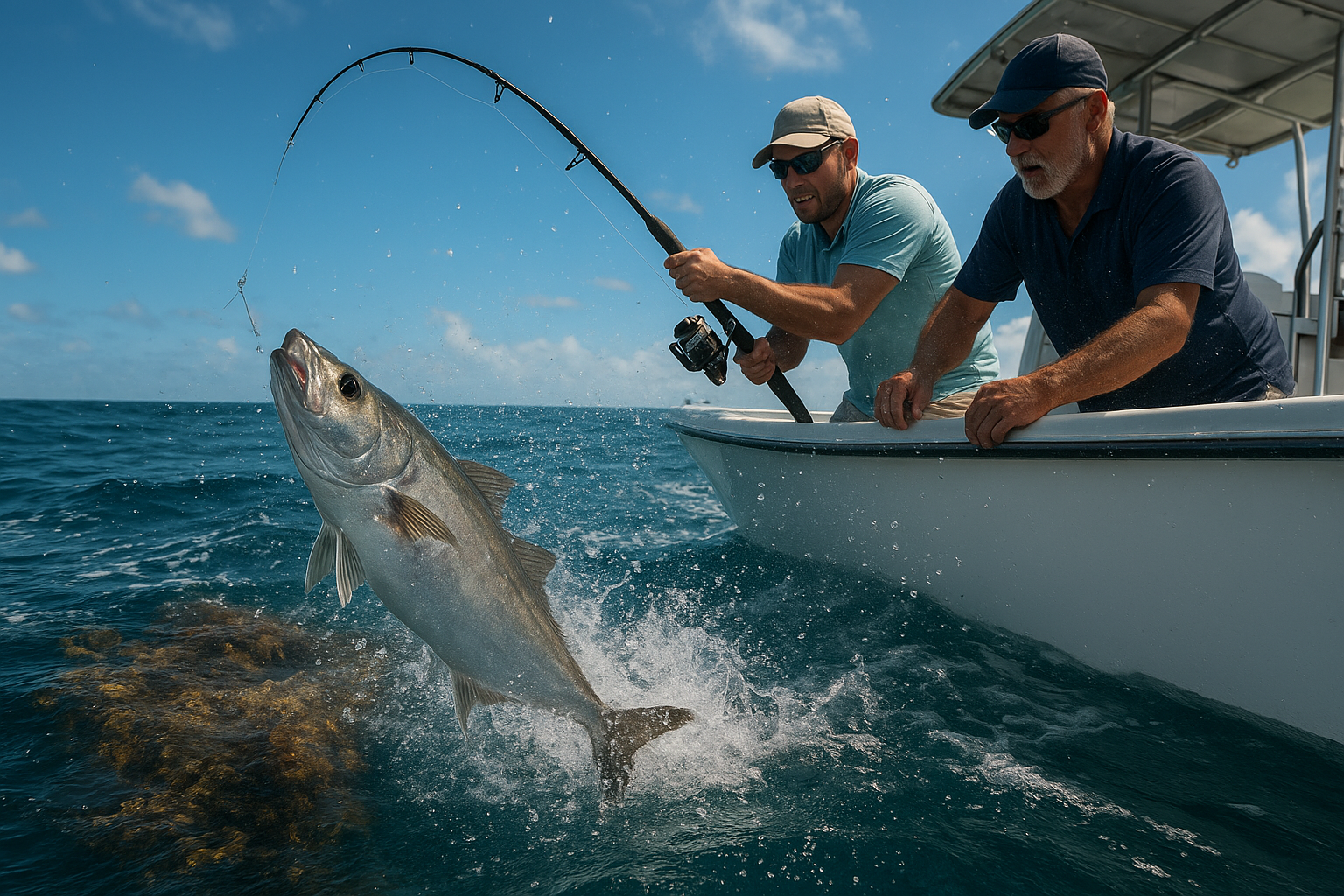 Charter boat anglers reeling in a catch near an offshore reef structure off the Grand Strand