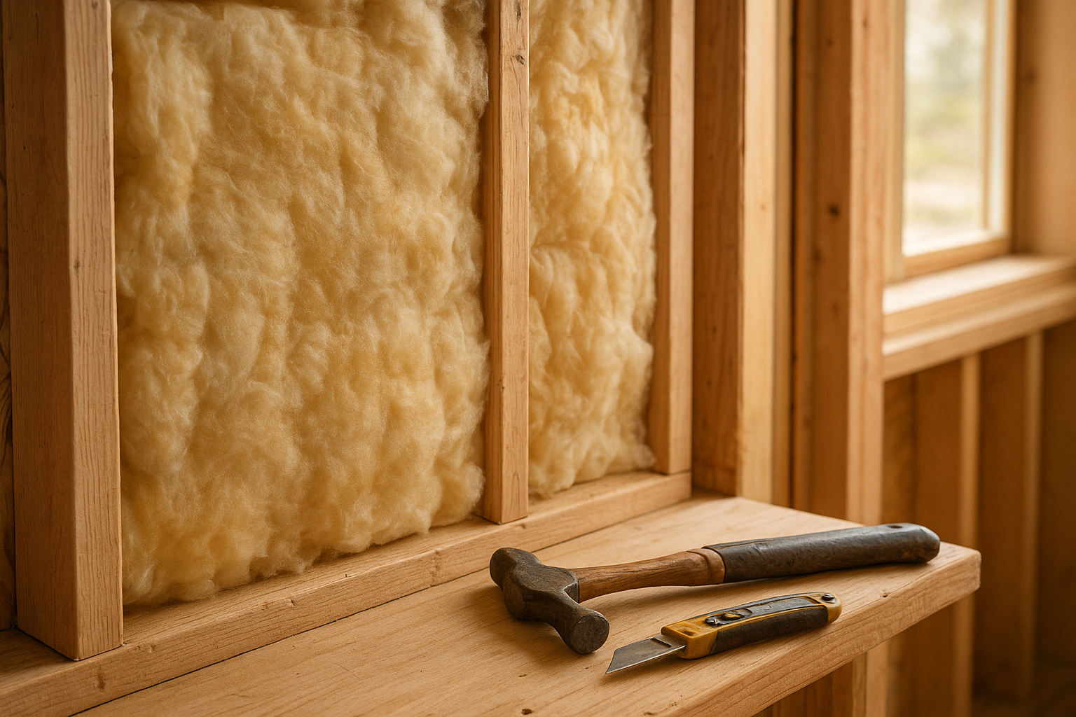 Fiberglass batt insulation installed in an ADU wall frame during construction