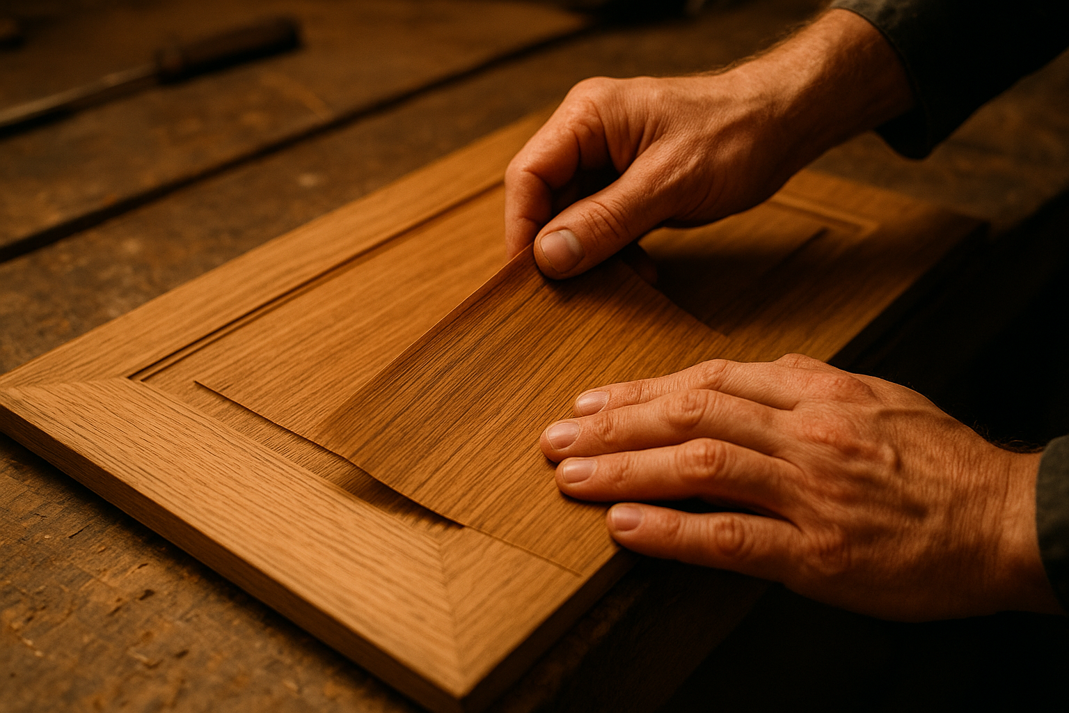 Craftsman applying wood veneer during a professional cabinet refacing project