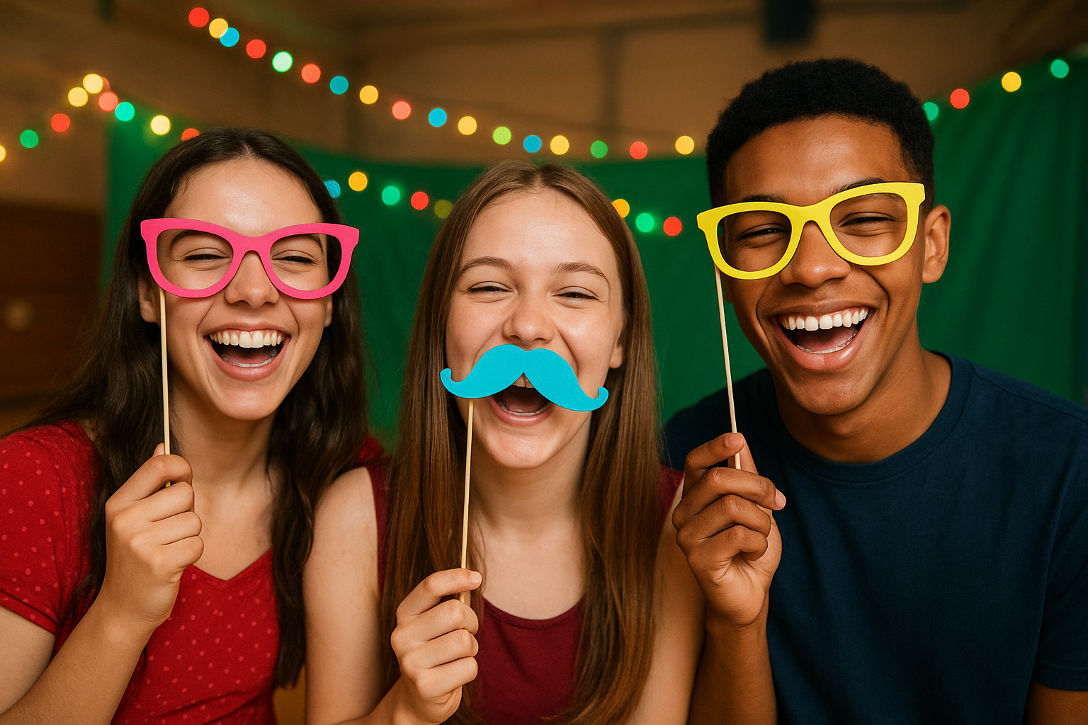 Guests using props at a school dance photo booth rental in southern Indiana