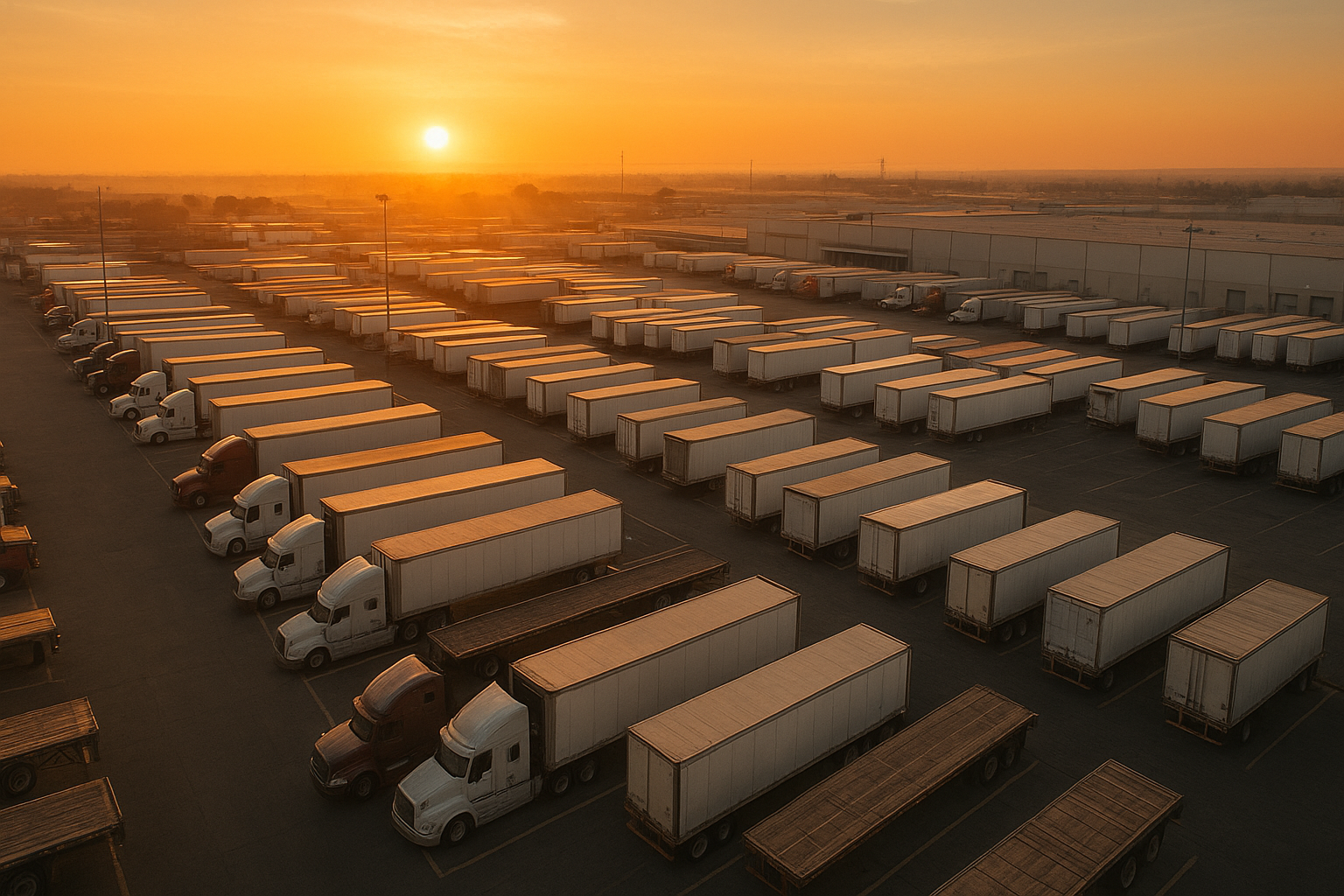 Fleet of carrier trucks staged in a freight yard managed by a logistics broker
