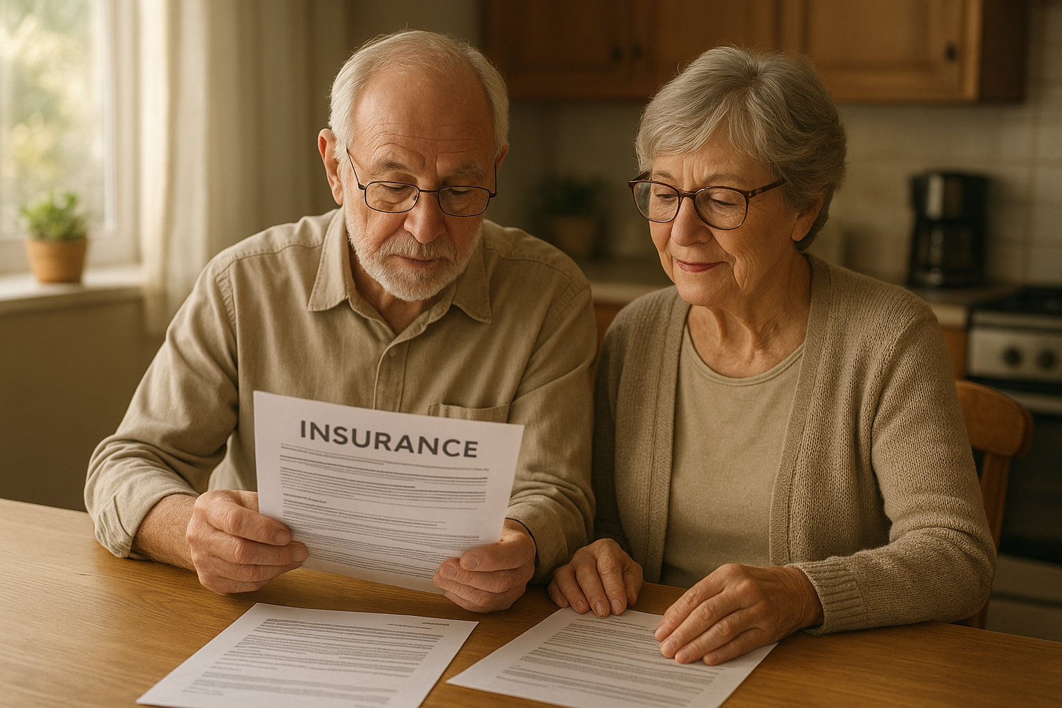 Senior couple reviewing medicare supplement insurance plans documents at kitchen table