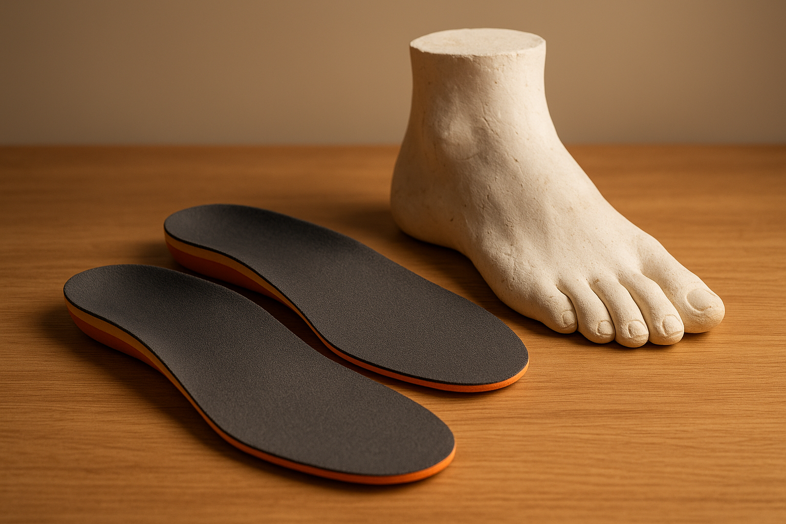 Finished custom orthotic insoles shaped from custom foot molds next to a plaster cast